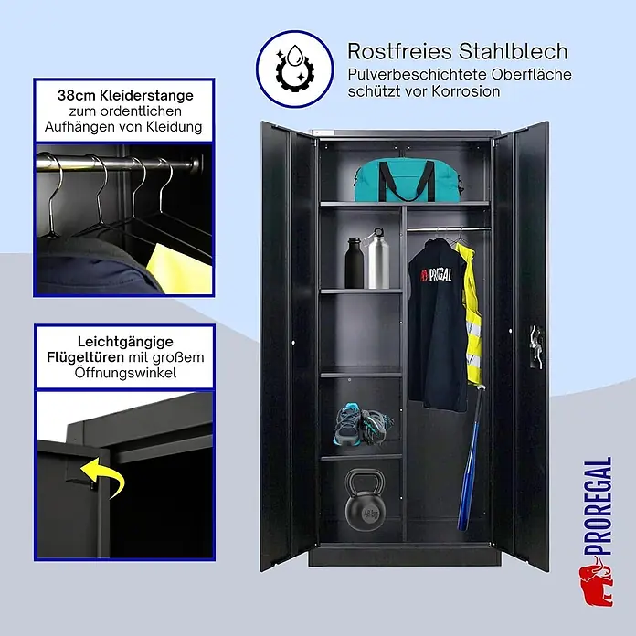 Proregal Metall-Mehrzweckschrank ELEPHANT komplett montiert - Schwarz - Schwarzer Metallspind mit Regalböden und Kleiderstange, pulverbeschichtet und rostfrei, mit Flügeltüren.