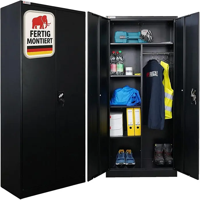Proregal Metall-Mehrzweckschrank ELEPHANT komplett montiert - Schwarz - Schwarzer Metallschrank, fertig montiert, mit geöffneten Türen, die Regale und eine Kleiderstange zeigen.