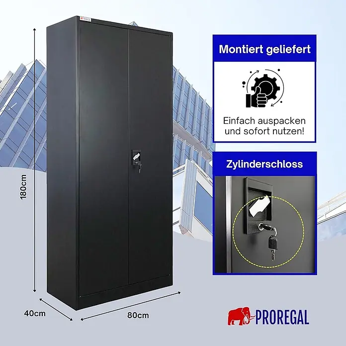 Proregal Metall-Mehrzweckschrank ELEPHANT komplett montiert - Schwarz - Schwarzer Metallschrank mit zwei Türen und Zylinderschloss, 180x80x40cm, fertig montiert geliefert.
