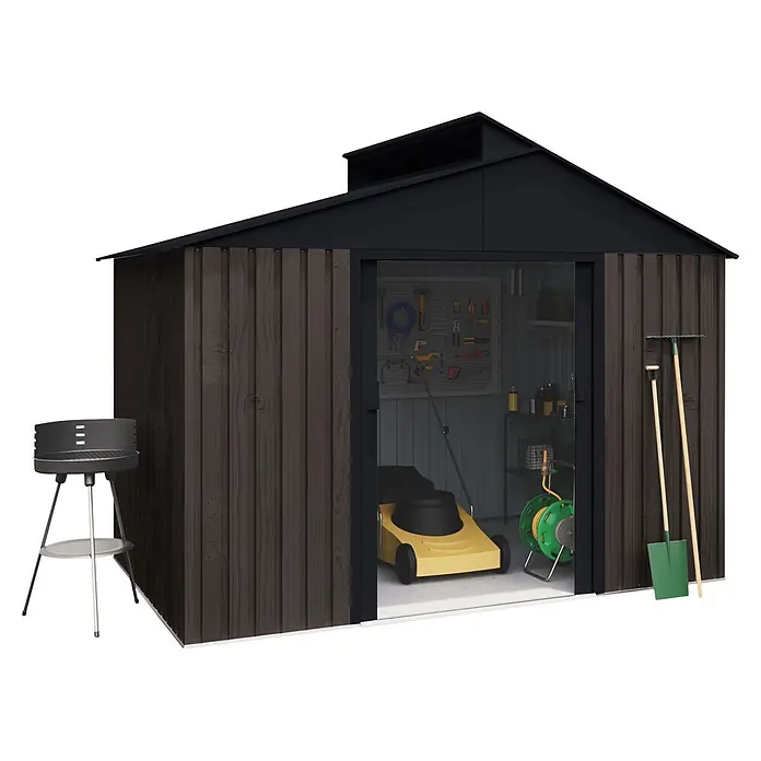 Hoggar Gerätehaus Gredos THW - Außenmaß inkl. Dachüberstand (B x T): 302 x 213 cm, Stahl, Anthrazit - Dunkler Holzgartenhaus mit offener Tür, die Rasenmäher, Werkzeuge und Regale zeigt. Grill, Schaufel und Harke stehen draußen.