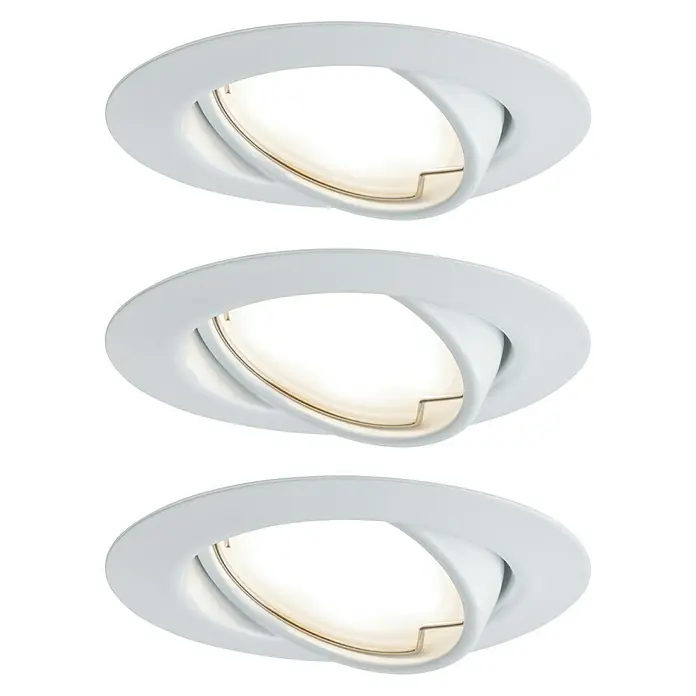 Paulmann LED-Einbauleuchten-Set Base - 5 W, Weiß, 3 Stk., Warmweiß - Drei weiße LED-Einbaustrahler auf schwarzem Hintergrund.