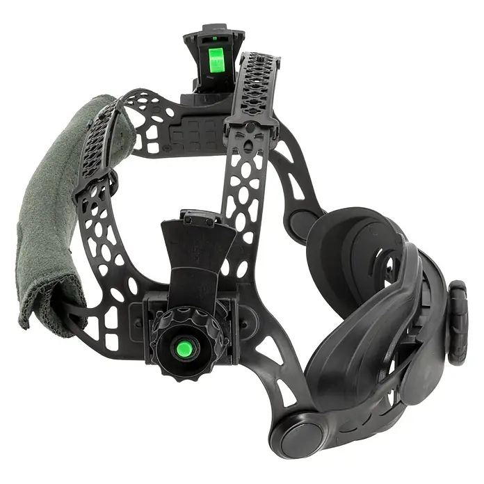 Gys Casco de soldadura Fireman - Universal, Nivel de protección: 9 ud. - 13 ud. - Banda de cabeza de plástico negro para casco de soldadura con parte frontal acolchada verde y perillas de ajuste verdes, con diseño perforado ligero.