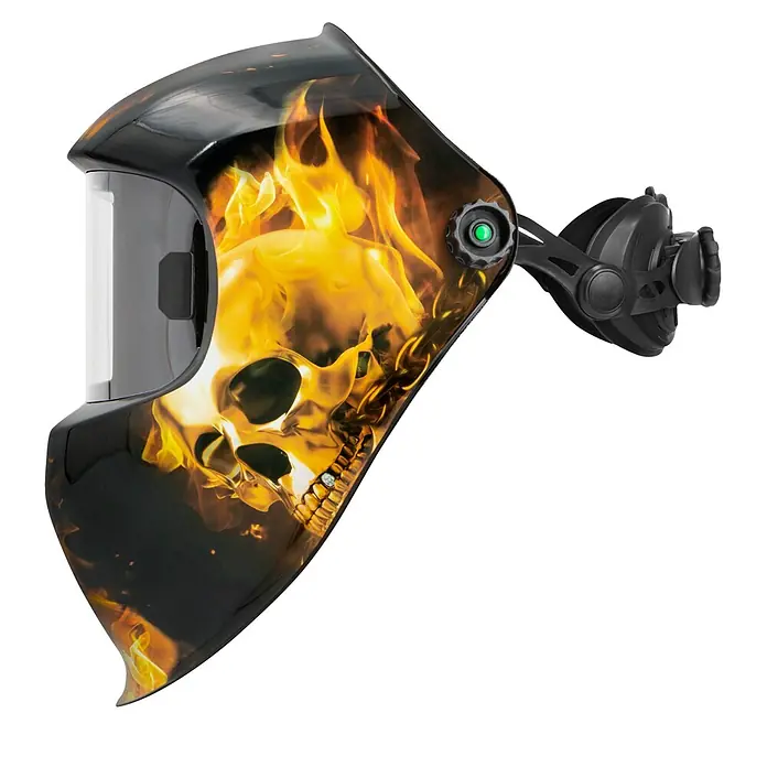 Gys Casco de soldadura Fireman - Universal, Nivel de protección: 9 ud. - 13 ud. - Casco de soldadura negro con diseño de calavera en llamas y arnés ajustable.