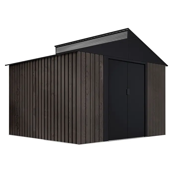 Hoggar Gerätehaus Pyrene THW - Außenmaß inkl. Dachüberstand (B x T): 302 x 277 cm, Stahl, Anthrazit - Moderner Gartenschuppen mit dunkler Holzverkleidung, schwarzen Türen und transparentem Dachteil.