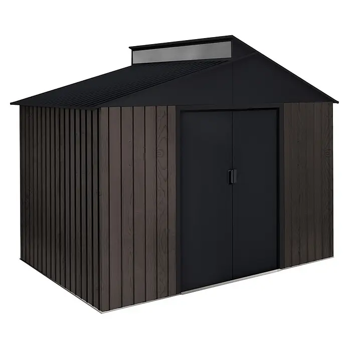 Hoggar Gerätehaus Gredos THW - Außenmaß inkl. Dachüberstand (B x T): 302 x 213 cm, Stahl, Anthrazit - Dunkelgrauer Geräteschuppen mit vertikalen Holzpaneelen, schwarzem Wellblechdach und schwarzen Doppeltüren, mit einem Lichtband.