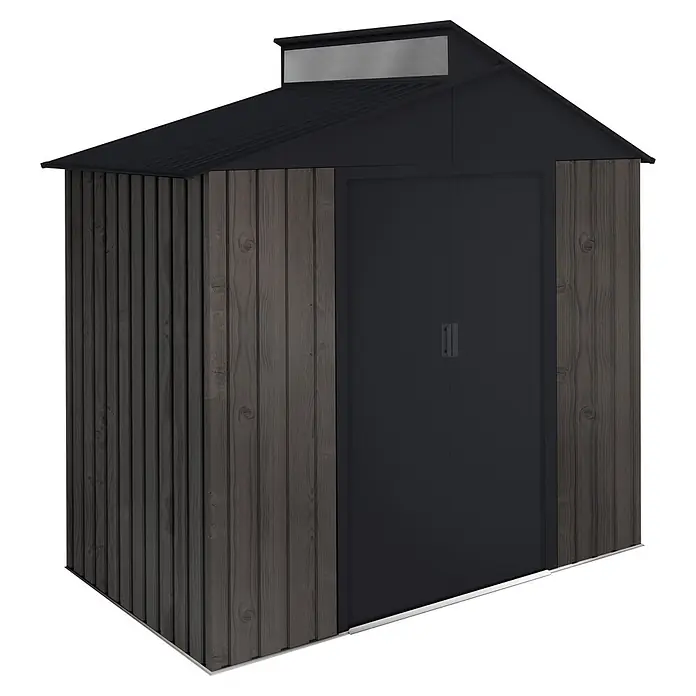 Hoggar Gerätehaus Aran THW - Außenmaß inkl. Dachüberstand (B x T): 240 x 149 cm, Stahl, Anthrazit - Dunkelgrauer Holz-Gartenschuppen mit schwarzem Metalldach und Oberlicht für den Außenbereich.