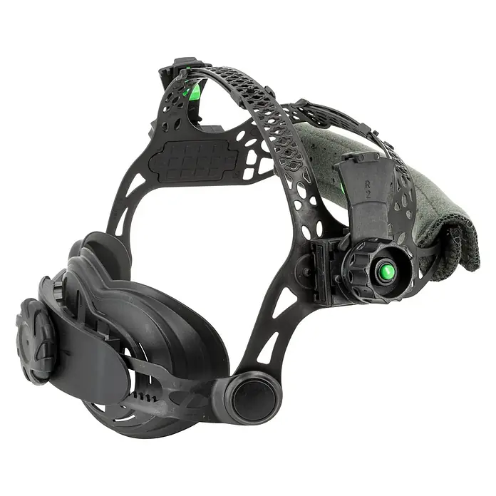 Gys Casco de soldadura Fireman - Universal, Nivel de protección: 9 ud. - 13 ud. - Arnés ajustable de plástico negro para casco de soldar con acentos verdes y correa acolchada gris para mayor comodidad.