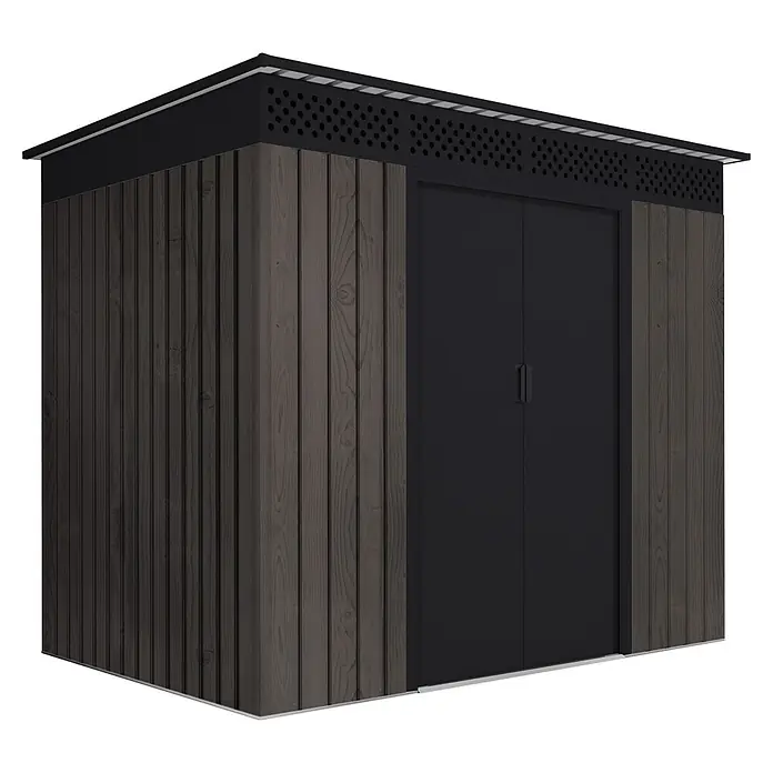 Hoggar Gerätehaus Aspen THW - Außenmaß inkl. Dachüberstand (B x T): 235 x 162 cm, Stahl, Anthrazit - Dunkles Holz und schwarzer Metallschuppen mit Flachdach und perforiertem Lüftungsstreifen.