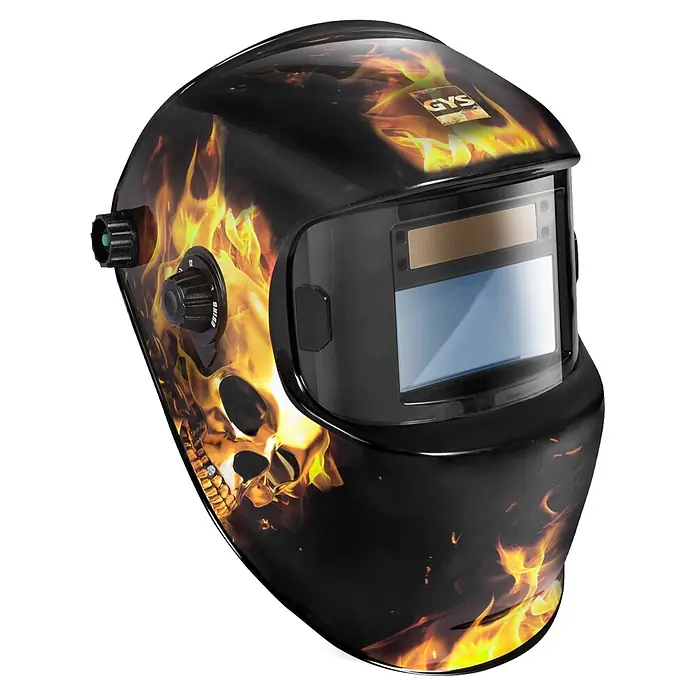 Gys Casco de soldadura Fireman - Universal, Nivel de protección: 9 ud. - 13 ud. - Casco de soldadura negro con diseño de llamas y calavera, visera transparente y mandos de ajuste.