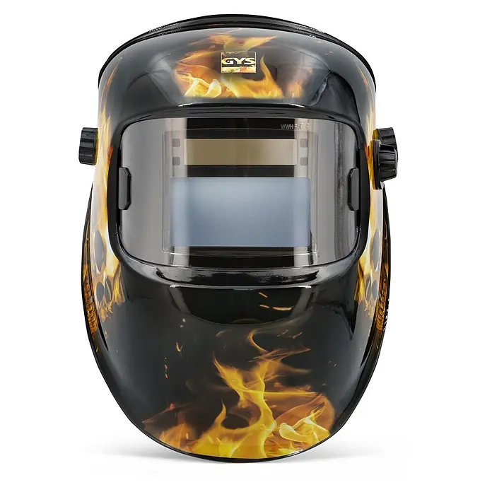 Gys Casco de soldadura Fireman - Universal, Nivel de protección: 9 ud. - 13 ud. - Casco de soldadura negro con diseño de llamas y calaveras, con ventana de oscurecimiento automático para protección ocular.