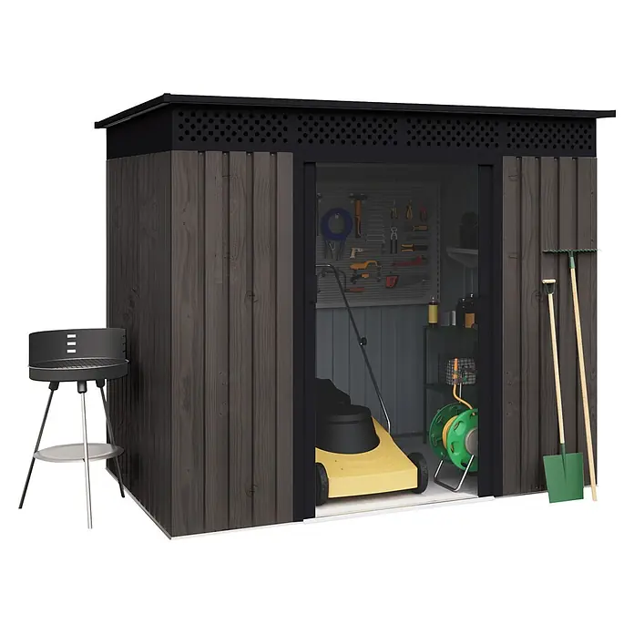 Hoggar Gerätehaus Aspen THW - Außenmaß inkl. Dachüberstand (B x T): 235 x 162 cm, Stahl, Anthrazit - Dunkelgraues Gartenhaus aus Holz mit offener Tür, die Werkzeuge und Gartengeräte zeigt, sowie ein schwarzer Grill davor.