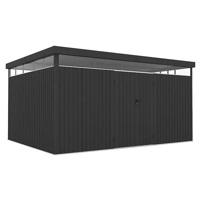 Hoggar Gerätehaus Lumen 12 - Außenmaß inkl. Dachüberstand (B x T): 416 x 327 cm, Anthrazit - Dunkelgrauer Metall-Gartenschuppen mit transparenten Oberpaneelen, Flachdach und Doppeltür.