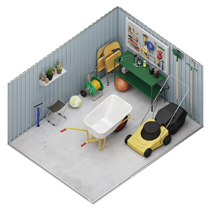 Hoggar Gerätehaus Yosemite THW - Außenmaß inkl. Dachüberstand (B x T): 417 x 353 cm, Stahl, Anthrazit - Organisiertes Geräteschuppen-Interieur mit Wellblechwänden, Betonboden, Gartenwerkzeugen und Sportgeräten.