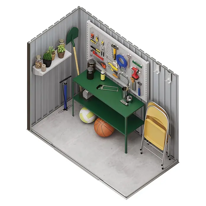 Hoggar Gerätehaus Aspen THW - Außenmaß inkl. Dachüberstand (B x T): 235 x 162 cm, Stahl, Anthrazit - Organisierte Schuppeninneneinrichtung mit grauen Wellblechwänden, einem grünen Regal für Werkzeuge/Zubehör und einem weißen Regal mit Pflanzen. Sportbälle und Klappstühle lagern darunter.