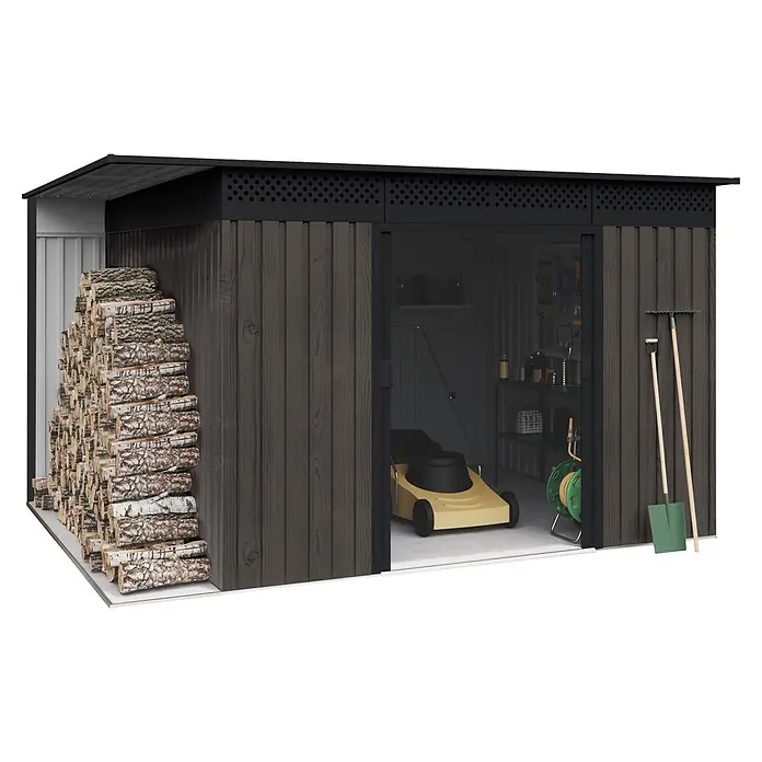 Hoggar Gerätehaus Yellowstone THW - Außenmaß inkl. Dachüberstand (B x T): 353 x 289 cm, Stahl, Anthrazit - Dunkelgrauer Geräteschuppen mit integriertem Holzlager und einem Werkzeugbereich mit Rasenmäher, Rechen, Schaufel und Regalen.