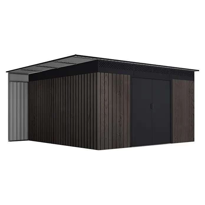 Hoggar Gerätehaus Yosemite THW - Außenmaß inkl. Dachüberstand (B x T): 417 x 353 cm, Stahl, Anthrazit - Moderner Geräteschuppen mit dunkler Holzverkleidung, dunklem Metallrahmen mit Belüftung, Wellblechdach, dunkler Tür und einer hellgrauen Wellblechseite.