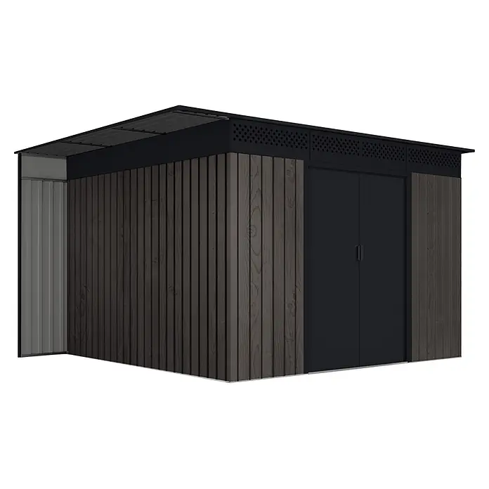 Hoggar Gerätehaus Yellowstone THW - Außenmaß inkl. Dachüberstand (B x T): 353 x 289 cm, Stahl, Anthrazit - Moderner, dunkelgrauer Geräteschuppen mit Holzoptik-Verkleidung, schwarzem Rahmen mit Belüftung und Wellblechdach.
