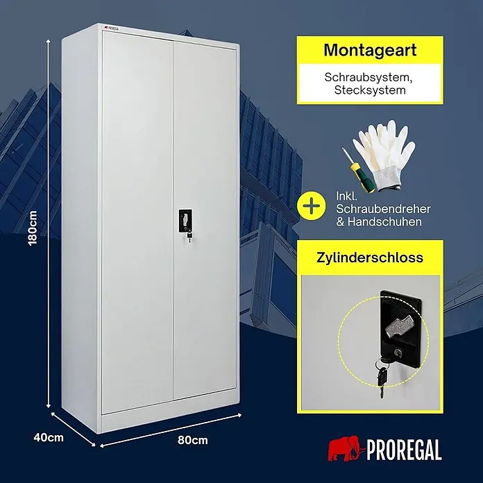 Proregal Metall-Mehrzweckschrank ELEPHANT mit 2 Türen, abschließbar - 40 x 80 x 180 cm, Lichtgrau - Hellgrauer Metallschrank (180x80x40cm) mit Zylinderschloss, Schraub-/Stecksystem. Inkl. Schraubendreher & Handschuhen.