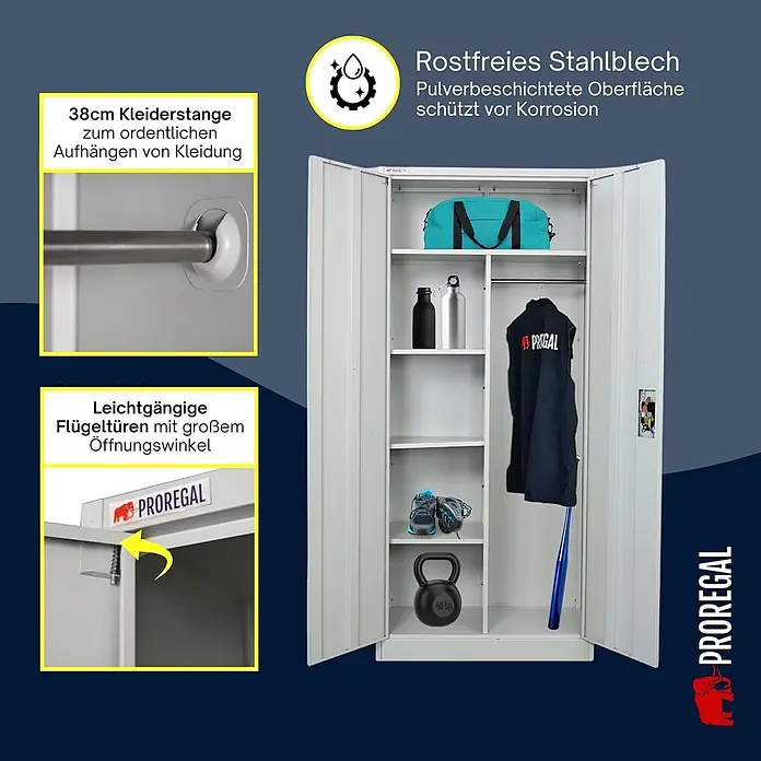 Proregal Metall-Mehrzweckschrank ELEPHANT mit 2 Türen, abschließbar - 40 x 80 x 180 cm, Lichtgrau - Grauer Metallschrank mit geöffneten Türen, Innenfächern und Kleiderstange, gefüllt mit Sportausrüstung. Rostfreier Stahl, pulverbeschichtet.