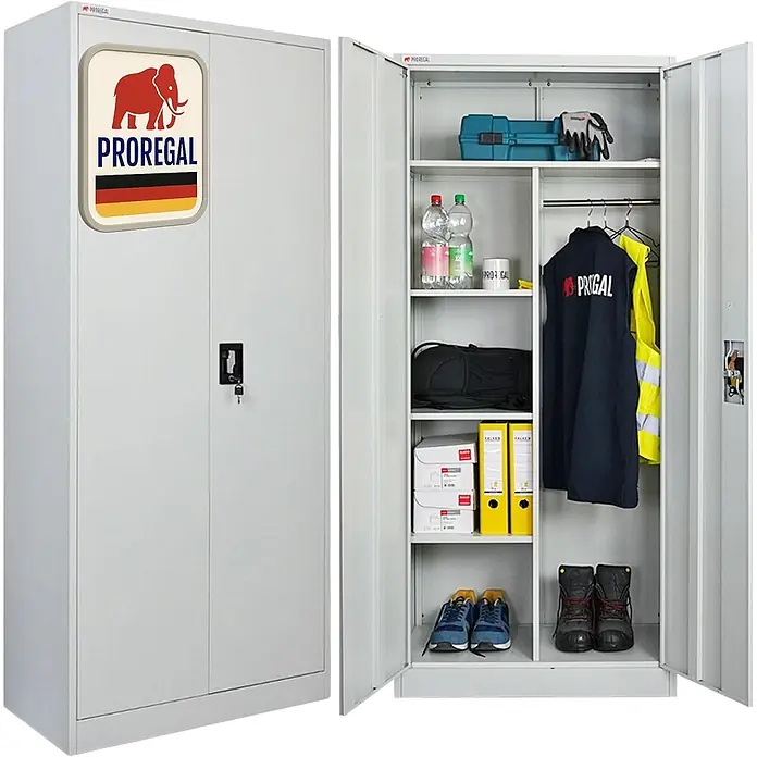 Proregal Metall-Mehrzweckschrank ELEPHANT mit 2 Türen, abschließbar - 40 x 80 x 180 cm, Lichtgrau - Hellgrauer Metallschrank mit Einlegeböden und Kleiderstange, geschlossen und offen dargestellt.