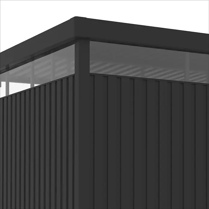 Hoggar Gerätehaus Lumen 5 - Außenmaß inkl. Dachüberstand (B x T): 269 x 231 cm, Anthrazit - Moderne dunkelgraue Hütte mit Wellblechverkleidung und oberen Fensterbändern, flaches Dach.