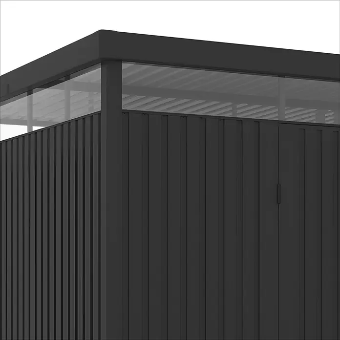 Hoggar Gerätehaus Lumen 7 - Außenmaß inkl. Dachüberstand (B x T): 316 x 279 cm, Anthrazit - Eleganter dunkelgrauer Metall-Gartenschuppen mit vertikalen Paneelen und transluzentem Dachbereich.