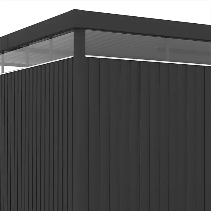 Hoggar Gerätehaus Lumen 12 - Außenmaß inkl. Dachüberstand (B x T): 416 x 327 cm, Anthrazit - Dunkelgrauer Geräteschuppen mit vertikalen Paneelen und transluzentem Oberteil.