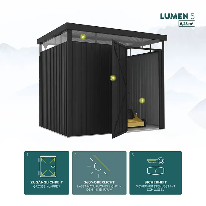 Hoggar Gerätehaus Lumen 5 - Außenmaß inkl. Dachüberstand (B x T): 269 x 231 cm, Anthrazit - Schwarzes Metallgerätehaus mit geöffneter Tür, innenliegendem Rasenmäher, 360°-Oberlicht und Sicherheitsschloss.