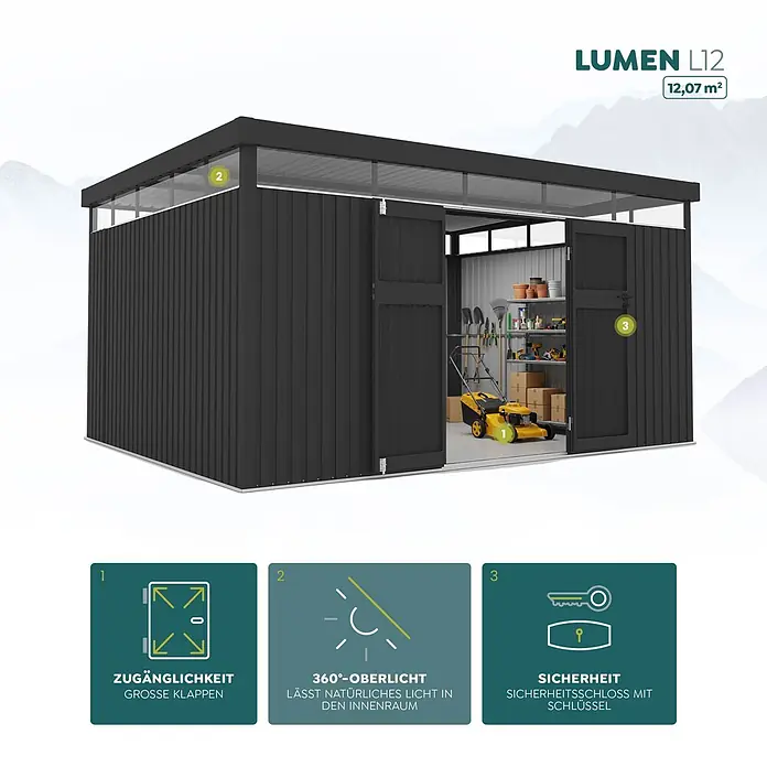 Hoggar Gerätehaus Lumen 12 - Außenmaß inkl. Dachüberstand (B x T): 416 x 327 cm, Anthrazit - Dunkelgraues Metallgartenhaus Lumen L12 (12,07 m²) mit breiten Türen, 360°-Oberlicht für natürliches Licht und Sicherheitsschloss.