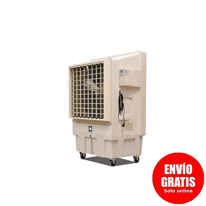 MConfort Climatizador evaporativo PRO IC18000 - Blanco, Altura: 156 cm, 700 W, 96 litros - Gran enfriador evaporativo beige sobre ruedas con rejilla de ventilador prominente y panel de control.