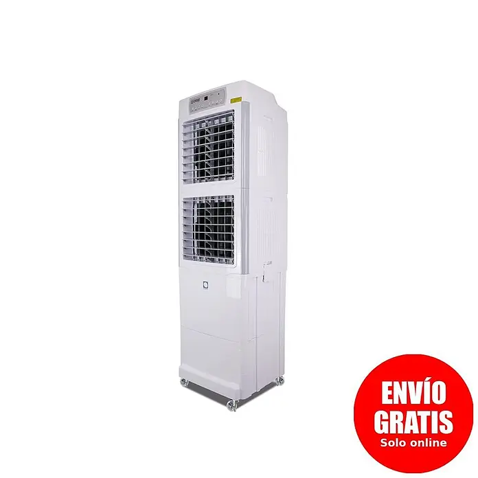 MConfort Climatizador evaporativo PRO E5000 - Blanco, Altura: 155 cm, 280 W, 45 litros - Enfriador de aire evaporativo blanco tipo torre con ruedas, dos rejillas frontales y panel de control superior.