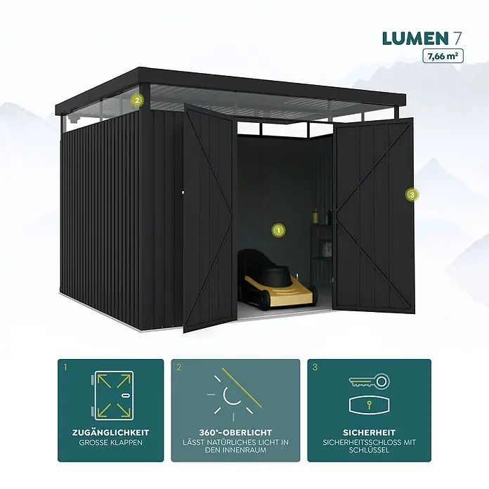 Hoggar Gerätehaus Lumen 7 - Außenmaß inkl. Dachüberstand (B x T): 316 x 279 cm, Anthrazit - Dunkelgrauer Geräteschuppen mit transparenter Dachplatte und offenen Türen.