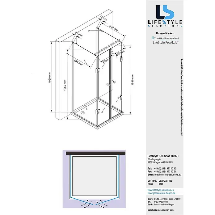 Glaszentrum Hagen U-Duschkabine ARES 90x90x90x195 cm ohne Duschtasse und Siphon - 90x90x90x195 cm ohne Duschtasse und Siphon, Imprägniert, Farblos - Technische Zeichnung einer Glasduschkabine mit Maßen, Ecklösung und Flügeltüren.