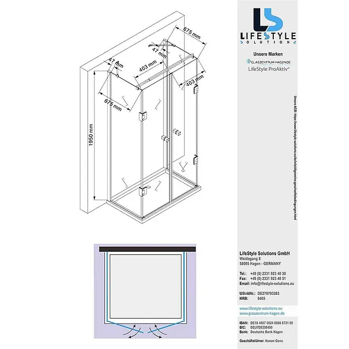 Glaszentrum Hagen U-Duschkabine 75x90x75x195 cm Ares U-Duschkabine - Imprägniert, Farblos - Technische Zeichnung einer Glasduschkabine mit Maßen.