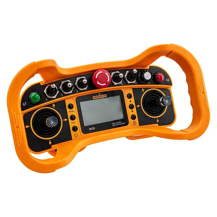 Bamato Kettendumper MTR-300RC mit Fernsteuerung - Batteriebetrieben, Traglast: 300 kg - Orange-schwarze Multifunktions-Fernbedienung mit Joysticks, Kippschaltern, Display und Not-Aus-Taste.