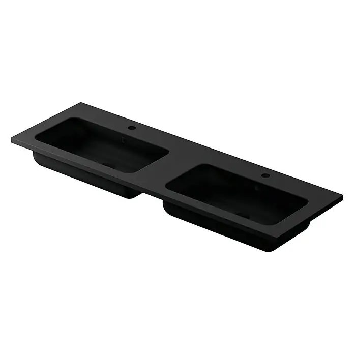Lavabo doble Zeppelin - 140,5 x 45,5 cm, Orificios para grifo: Medio, Negro - Encimera de lavabo doble negra con lavabos rectangulares y orificios de grifo preperforados para un baño moderno.