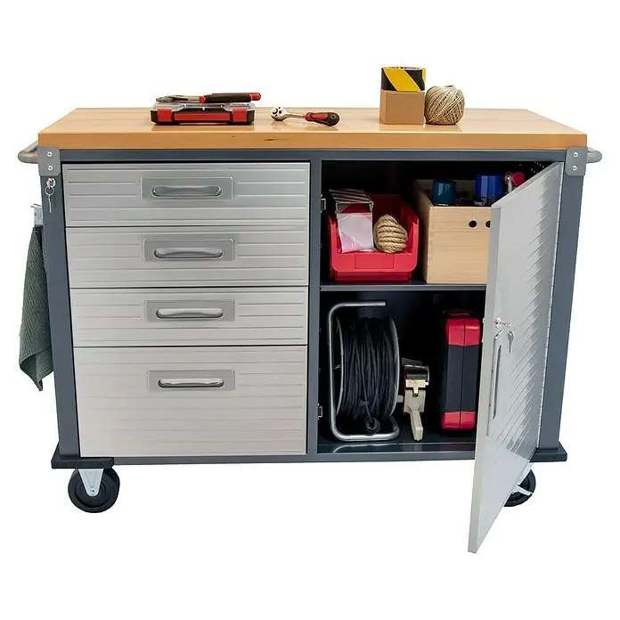 Werkstattwagen - L x B x H: 51 x 121 x 95 cm, Anzahl Schubladen: 4 Stk. - Werkbankwagen mit Schubladen, Werkzeugen und Zubehör. Praktische und robuste Werkstatteinrichtung mit viel Stauraum.