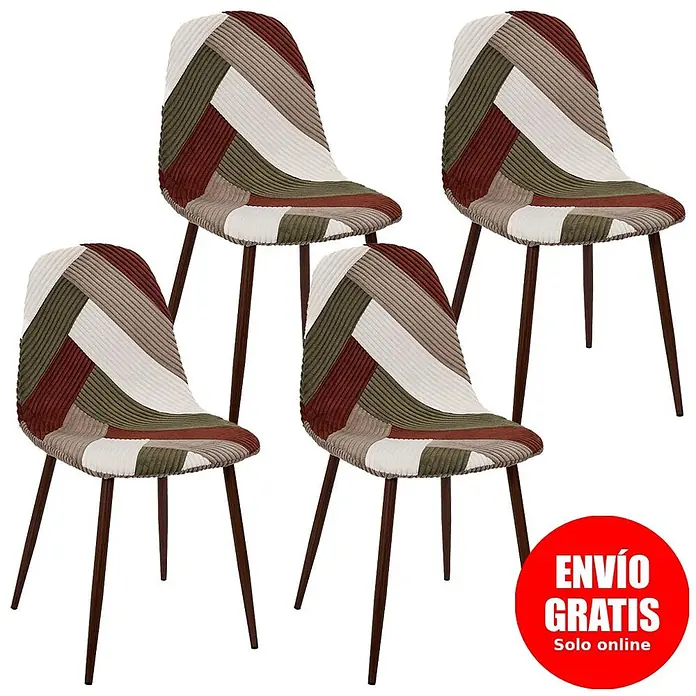 Home Deco Factory Silla Scott - Patchwork, 4 ud. - Cuatro sillas con tapicería de pana patchwork en crema, beige, burdeos y verde oliva, y patas oscuras.