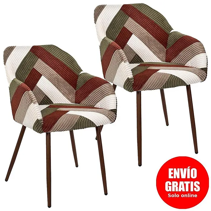Home Deco Factory Silla Scott - Patchwork, 2 ud. - Dos sillas de pana patchwork con una mezcla de rayas marrones, verdes, blancas y beiges, con patas marrón oscuro.