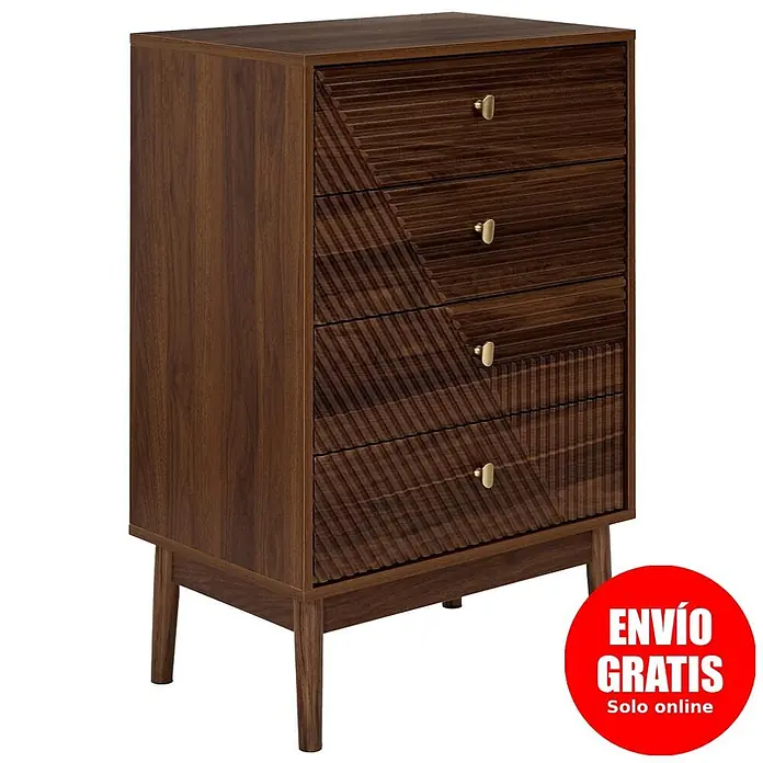 Home Deco Factory Tiffany Cómoda - L x An x Al: 40 x 60 x 90 cm, Marrón, Número de cajones: 4 ud. - Cómoda madera marrón oscuro con cuatro cajones texturizados, patrones acanalados y tiradores dorados, sobre patas cónicas.