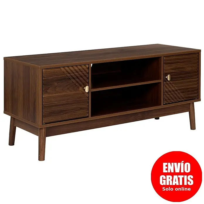 Home Deco Factory Tiffany Mueble para TV - L x An x Al: 40 x 110 x 48 cm, Marrón - Mueble de TV de madera marrón oscuro estilo mid-century, con dos armarios de lamas y dos estantes abiertos.