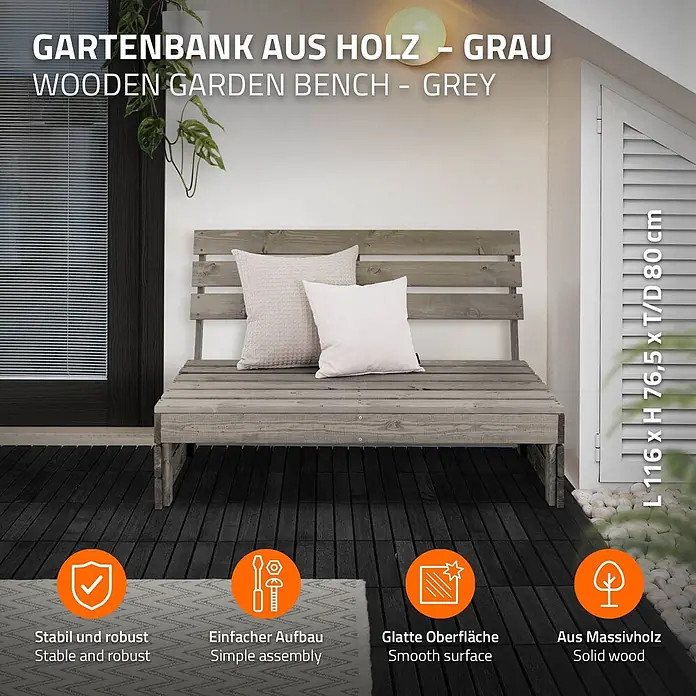 ML-Design Gartenbank 3-Sitzer Massivholz Grau robust wetterfest - Tanne, Grau - Eine graue Holzgartenbank mit den Maßen L 116 x H 76,5 x T 80 cm, geeignet für den Außenbereich.