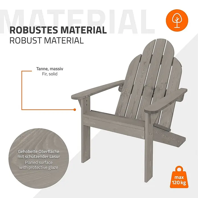 ECD Germany Gartenstuhl Gartensessel Grau mit Rückenlehne & Armlehnen 92,5x70x89 cm - Tanne, Klappbar, Grau - Robuster Adirondack-Stuhl aus massivem, grau lasiertem Tannenholz.