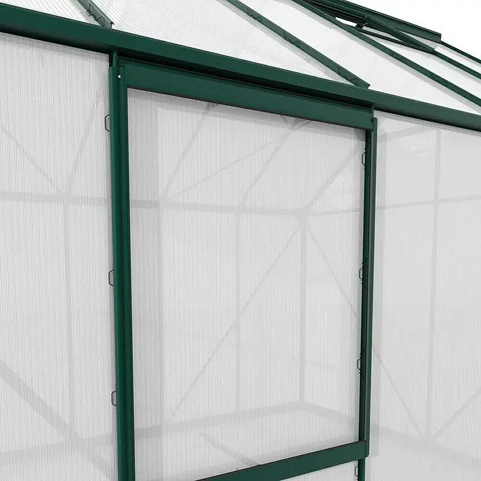 Vitavia Gewächshaus-Seitenfenster V - Passend für: Vitavia Gewächshaus Venus/Apollo/Calypso/Freya/Diana/Uranus/Cassandra/Merkur/Mars/Sirius, Aluminium, Smaragd, Mit Hohlkammerplatte - Nahaufnahme eines Gewächshauses mit grünen Rahmen und weißen, durchscheinenden Paneelen, die ein modernes Design zeigen.