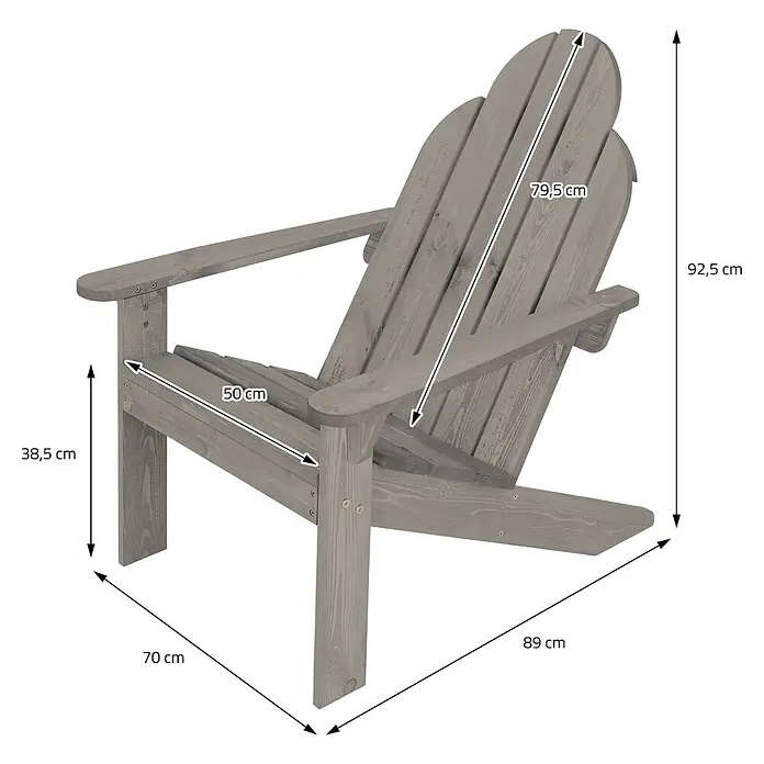 ECD Germany Gartenstuhl Gartensessel Grau mit Rückenlehne & Armlehnen 92,5x70x89 cm - Tanne, Klappbar, Grau - Grauer Holz-Adirondack-Stuhl mit Armlehnen. Maße: Höhe 92,5 cm, Breite 70 cm, Tiefe 89 cm, Sitzhöhe 38,5 cm, Rückenlehne 79,5 cm.
