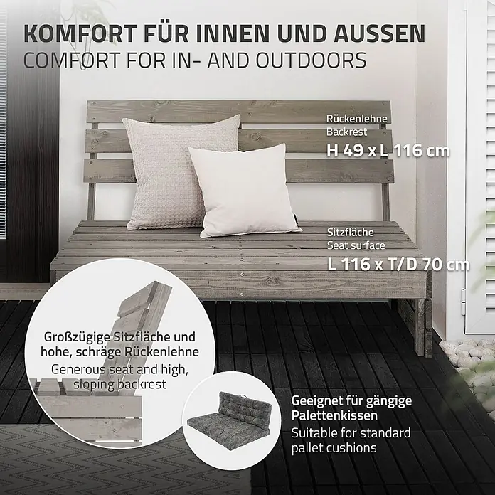 ML-Design Gartenbank 3-Sitzer Massivholz Grau robust wetterfest - Tanne, Grau - Rustikale graue Holzbank für den Außenbereich mit großzügiger Sitzfläche und schräger Rückenlehne, geeignet für Palettenkissen, auf einer Terrasse.