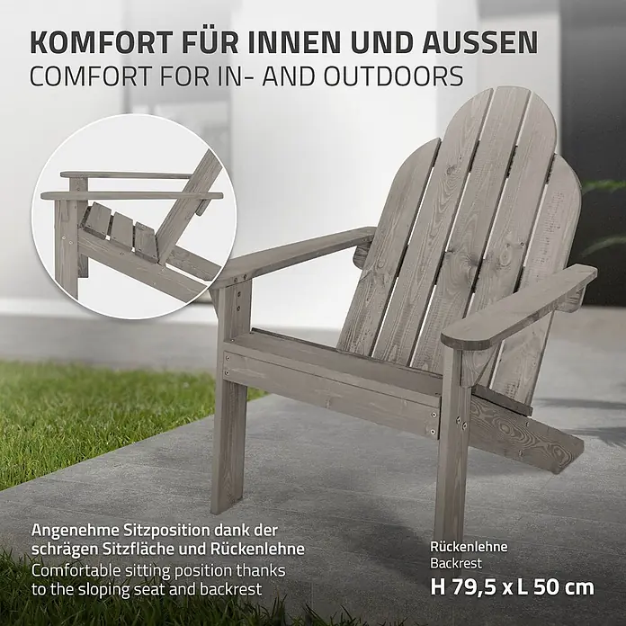 ECD Germany Gartenstuhl Gartensessel Grau mit Rückenlehne & Armlehnen 92,5x70x89 cm - Tanne, Klappbar, Grau - Grauer Adirondack-Stuhl aus Holz, geeignet für Innen- und Außenbereiche.