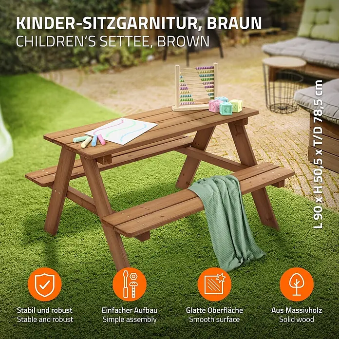 ML-Design Kinder-Picknicktisch Braun Picknicktisch Sitzgarnitur 2 Bänke mit Tisch Massivholz Outdoor - Braun, Holz - Braune hölzerne Kindersitzgarnitur mit Bänken, im Garten.