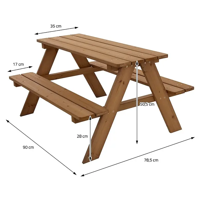ML-Design Kinder-Picknicktisch Braun Picknicktisch Sitzgarnitur 2 Bänke mit Tisch Massivholz Outdoor - Braun, Holz - Brauner Holztisch mit integrierten Bänken für Kinder. Alle wichtigen Maße sind angegeben.