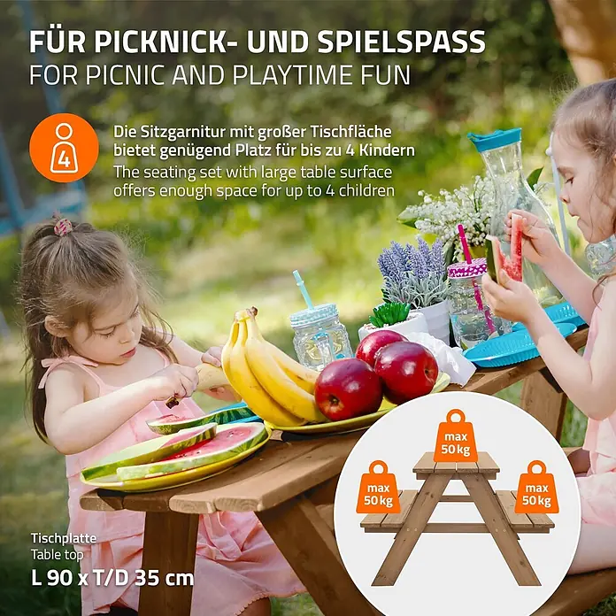 ML-Design Kinder-Picknicktisch Braun Picknicktisch Sitzgarnitur 2 Bänke mit Tisch Massivholz Outdoor - Braun, Holz - Hölzerne Kindersitzgruppe, Tischplatte L90xT35cm, bietet Platz für 4 Kinder. Max 50kg pro Element.